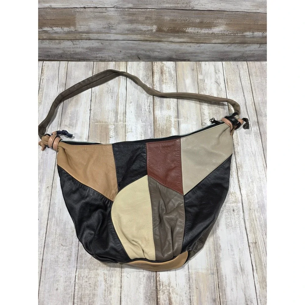 Carroll Leather Goods Patchwork Top Grain Leather Hobo Shoulder Bag Earth‎ Tones
